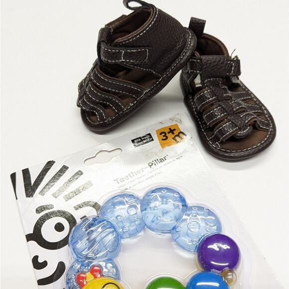 First Steps Brown Faux Leather Sandals & New Teether 3-6 months - Picture 1 of 7